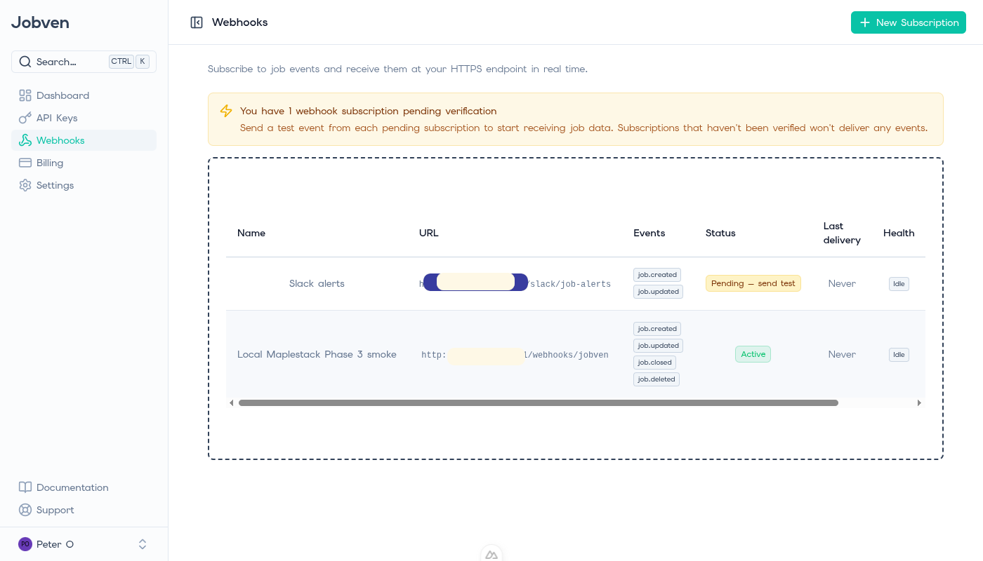 Jobven dashboard showing the new Webhooks page with a pending-verification banner and a status-aware Actions column.
